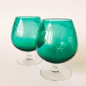 Vintage Green Etched Brandy Snifter Glasses Set of 2 – Barware Mid Century